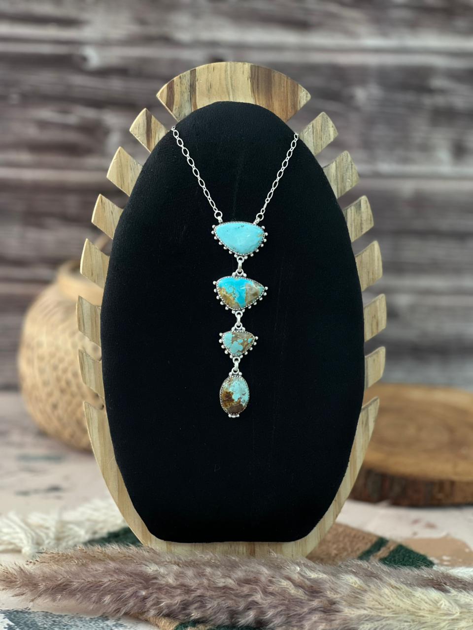 Handmade Sterling Silver Royston Ribbon Turquoise Drop Necklace Signed Nizhoni