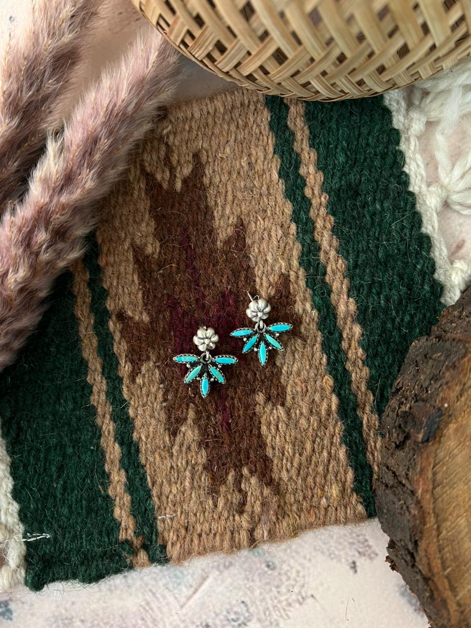 Handmade Sterling Silver Kingman Turquoise Post Dangle Earrings Signed Nizhoni