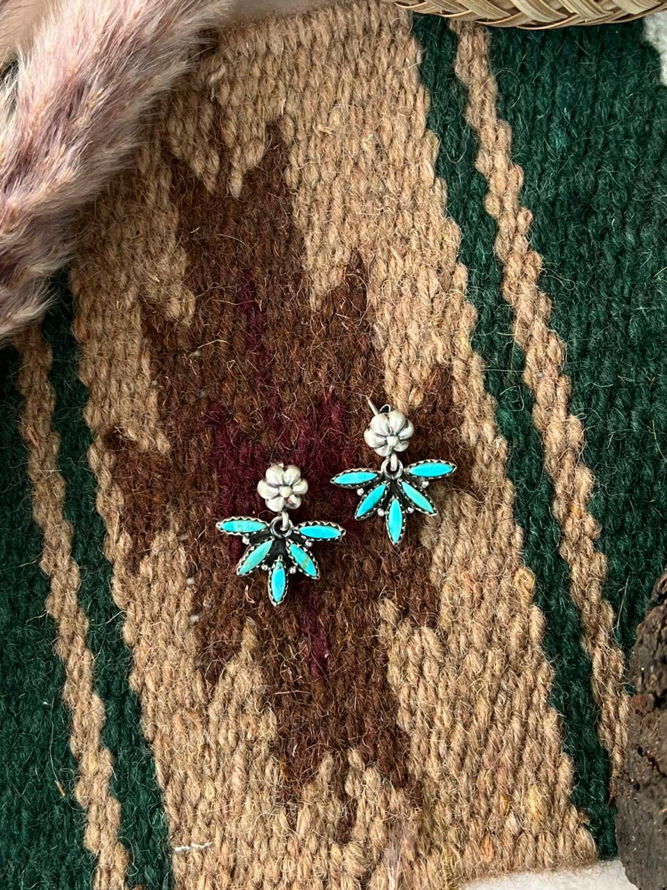 Handmade Sterling Silver Kingman Turquoise Post Dangle Earrings Signed Nizhoni