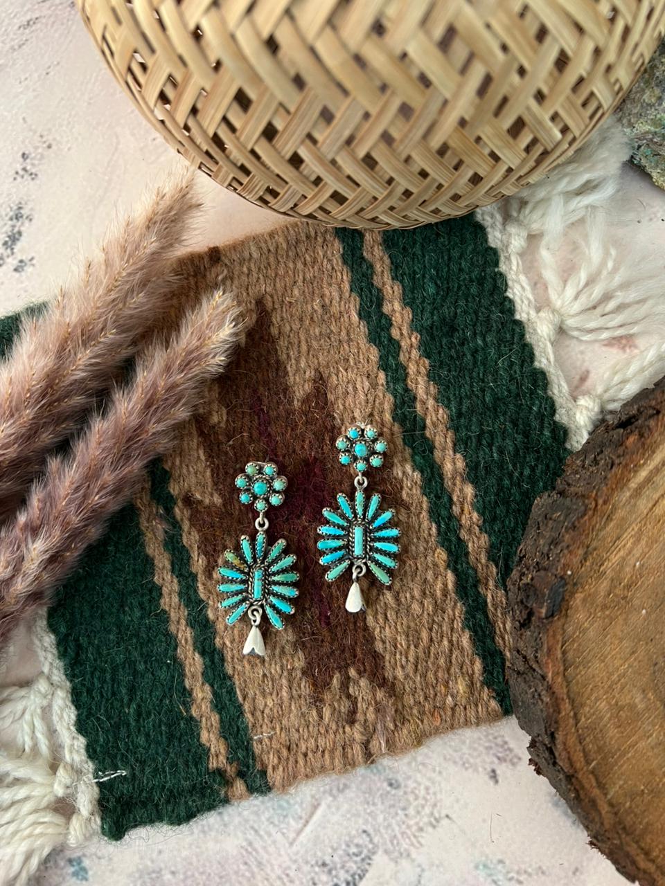 Handmade Sterling Silver Kingman Turquoise Post Dangle Squash Blossom Earrings Signed Nizhoni