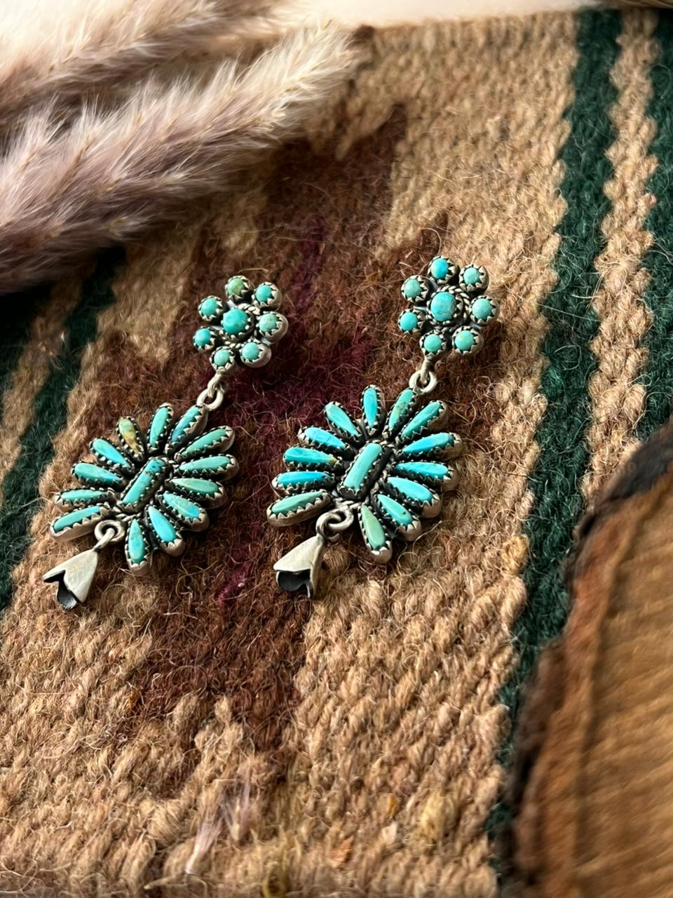 Handmade Sterling Silver Kingman Turquoise Post Dangle Squash Blossom Earrings Signed Nizhoni