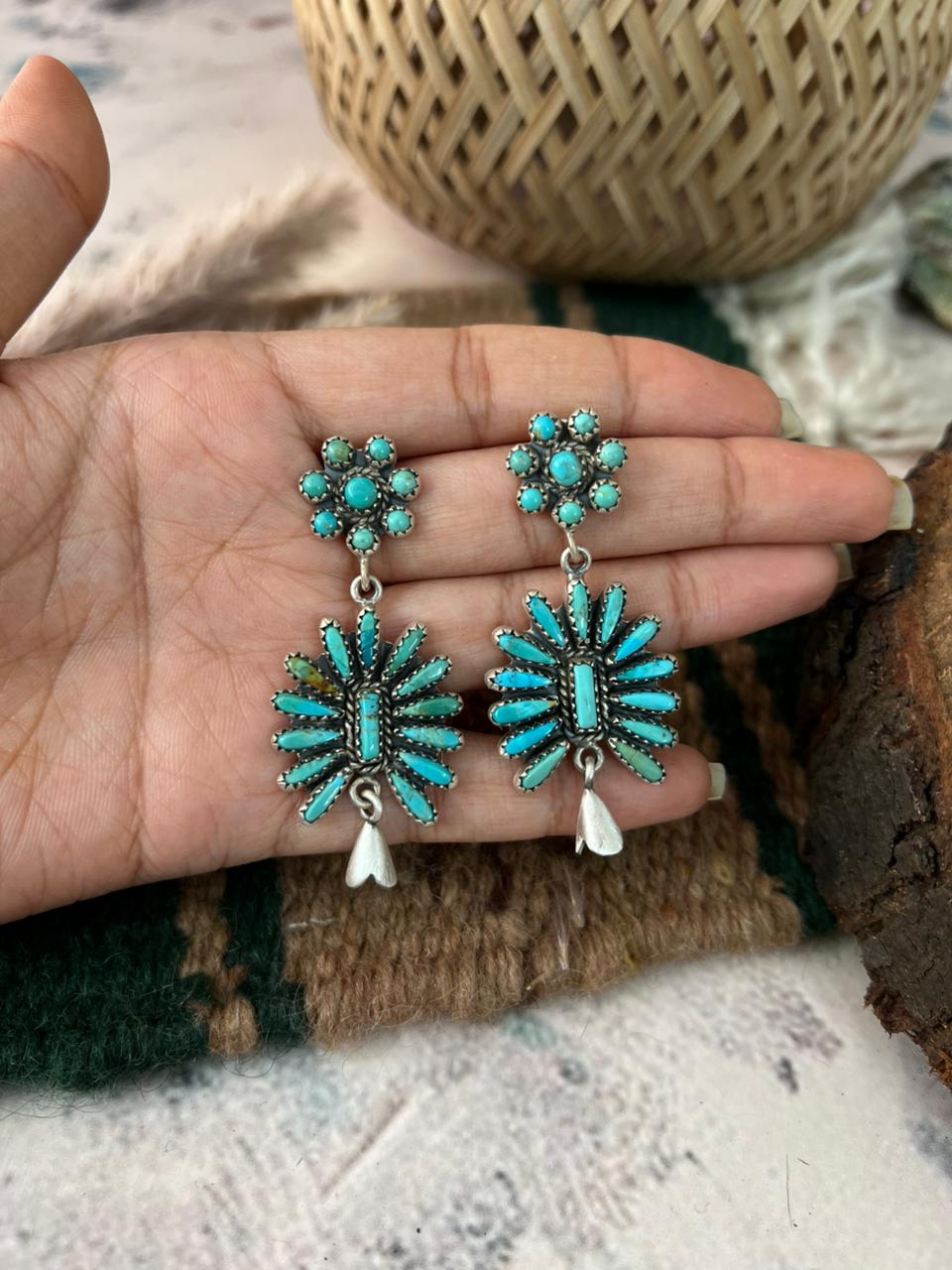 Handmade Sterling Silver Kingman Turquoise Post Dangle Squash Blossom Earrings Signed Nizhoni