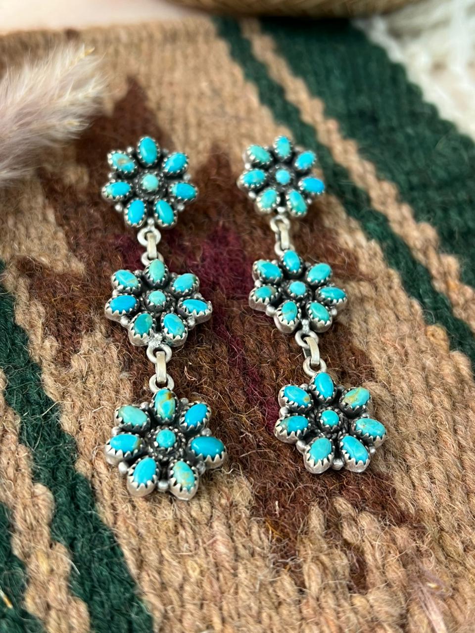 Handmade Sterling Silver Kingman Turquoise Post Dangle Earrings Signed Nizhoni