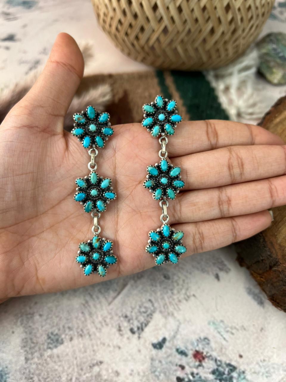 Handmade Sterling Silver Kingman Turquoise Post Dangle Earrings Signed Nizhoni