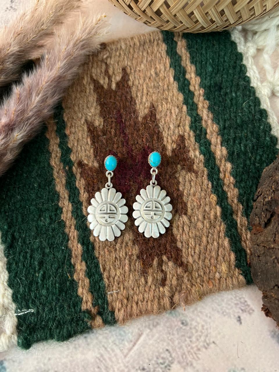 Handmade Sterling Silver Kingman Turquoise Post Dangle Earrings Signed Nizhoni