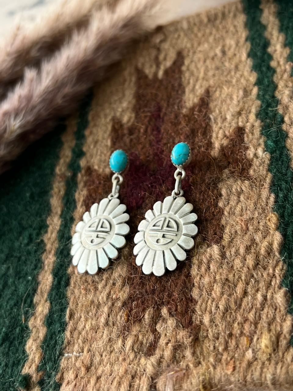 Handmade Sterling Silver Kingman Turquoise Post Dangle Earrings Signed Nizhoni