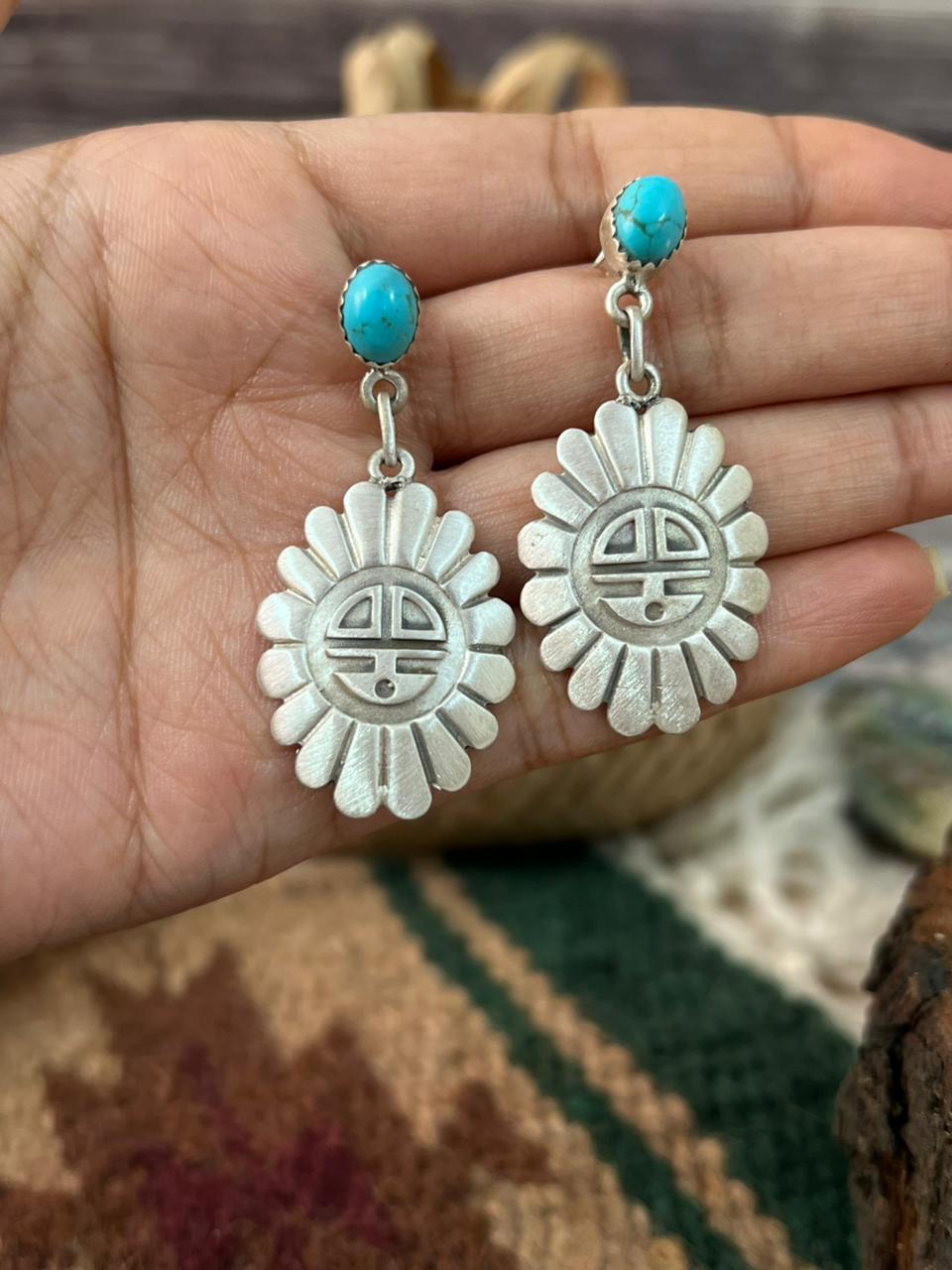 Handmade Sterling Silver Kingman Turquoise Post Dangle Earrings Signed Nizhoni