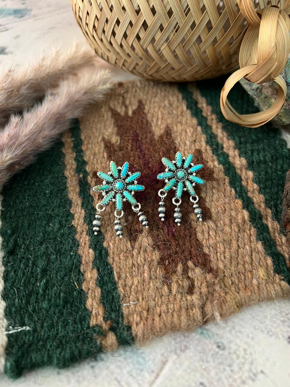 Handmade Sterling Silver Kingman Turquoise Beaded Post Dangle Earrings Signed Nizhoni