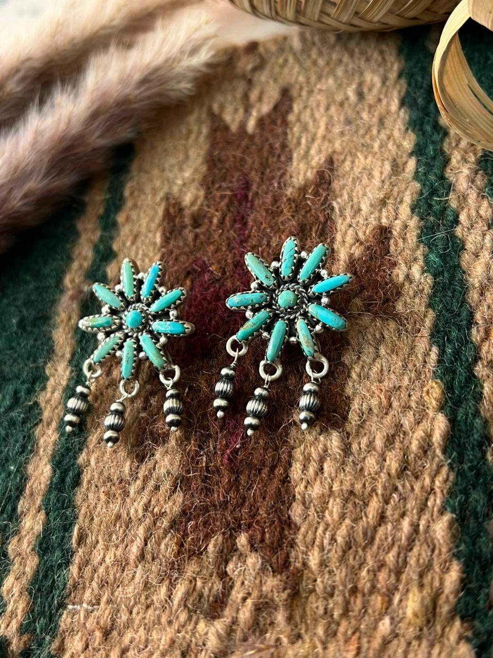 Handmade Sterling Silver Kingman Turquoise Beaded Post Dangle Earrings Signed Nizhoni