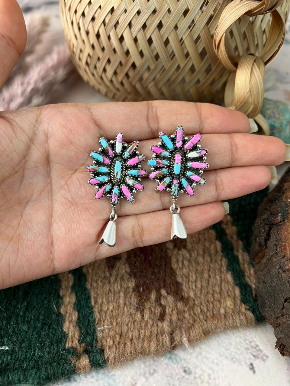 Handmade Sterling Silver Cotton Candy Squash Blossom Post Dangle Earrings Signed Nizhoni