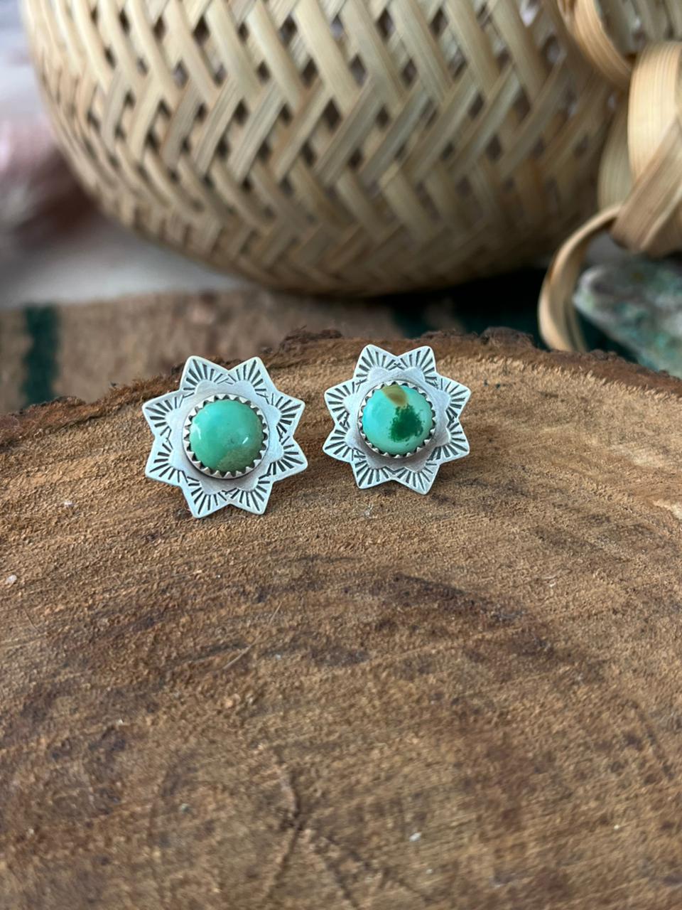 Handmade Sterling Silver Carico Lake Turquoise Post Studs Earrings Signed Nizhoni