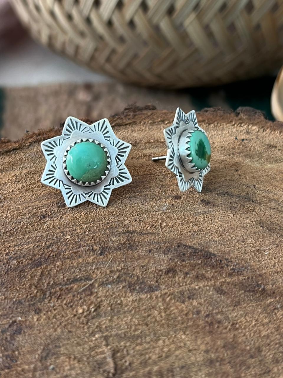 Handmade Sterling Silver Carico Lake Turquoise Post Studs Earrings Signed Nizhoni