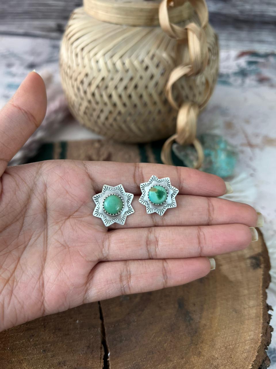 Handmade Sterling Silver Carico Lake Turquoise Post Studs Earrings Signed Nizhoni