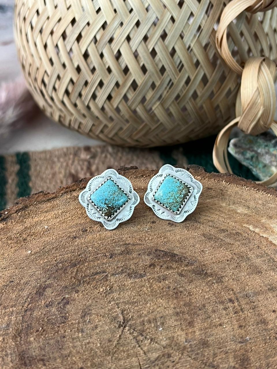 Handmade Sterling Silver Number 8 Turquoise Post Studs Earrings Signed Nizhoni