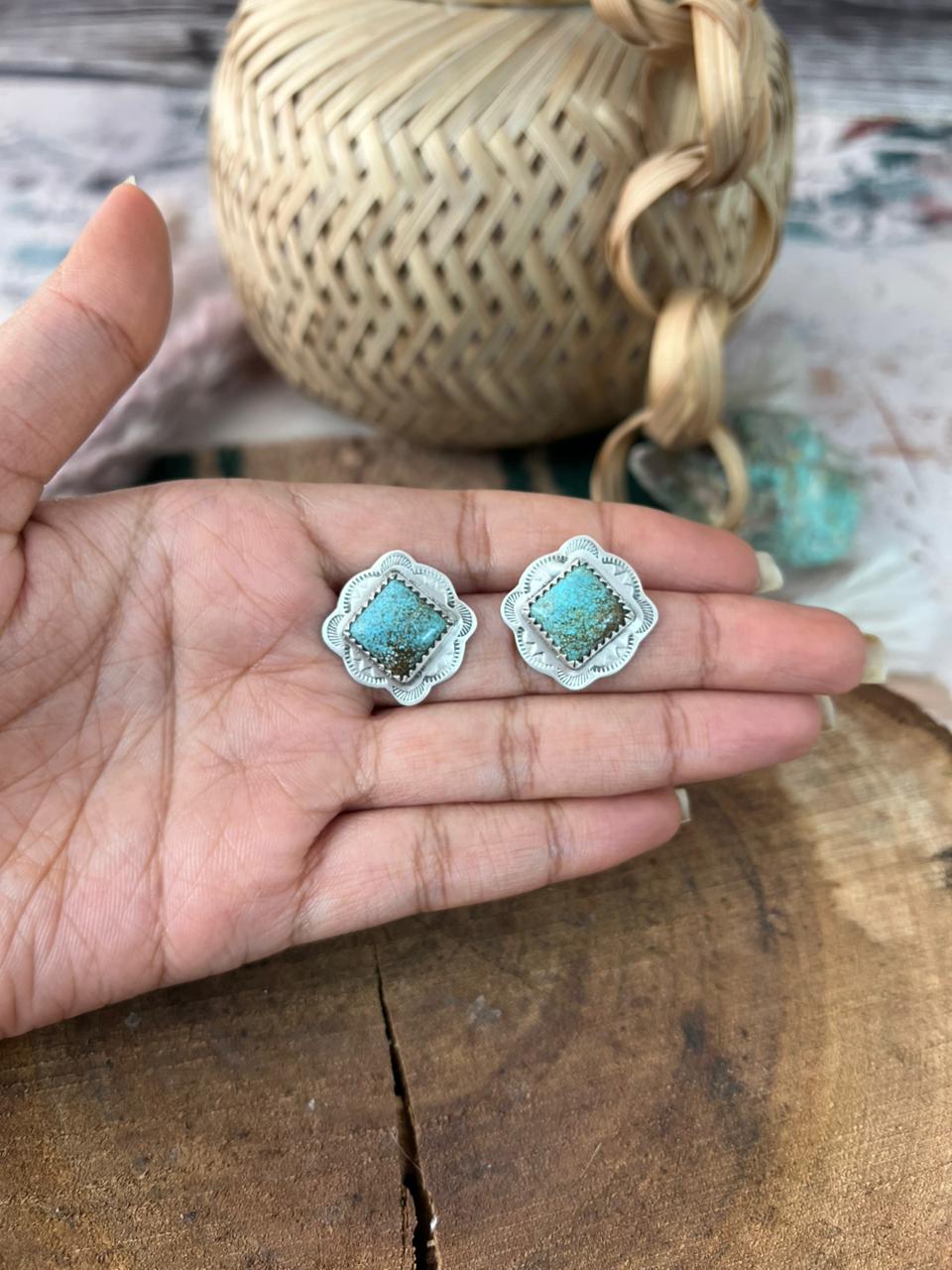 Handmade Sterling Silver Number 8 Turquoise Post Studs Earrings Signed Nizhoni