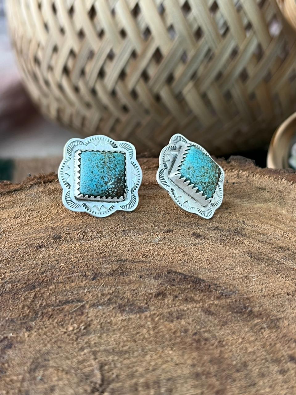 Handmade Sterling Silver Number 8 Turquoise Post Studs Earrings Signed Nizhoni