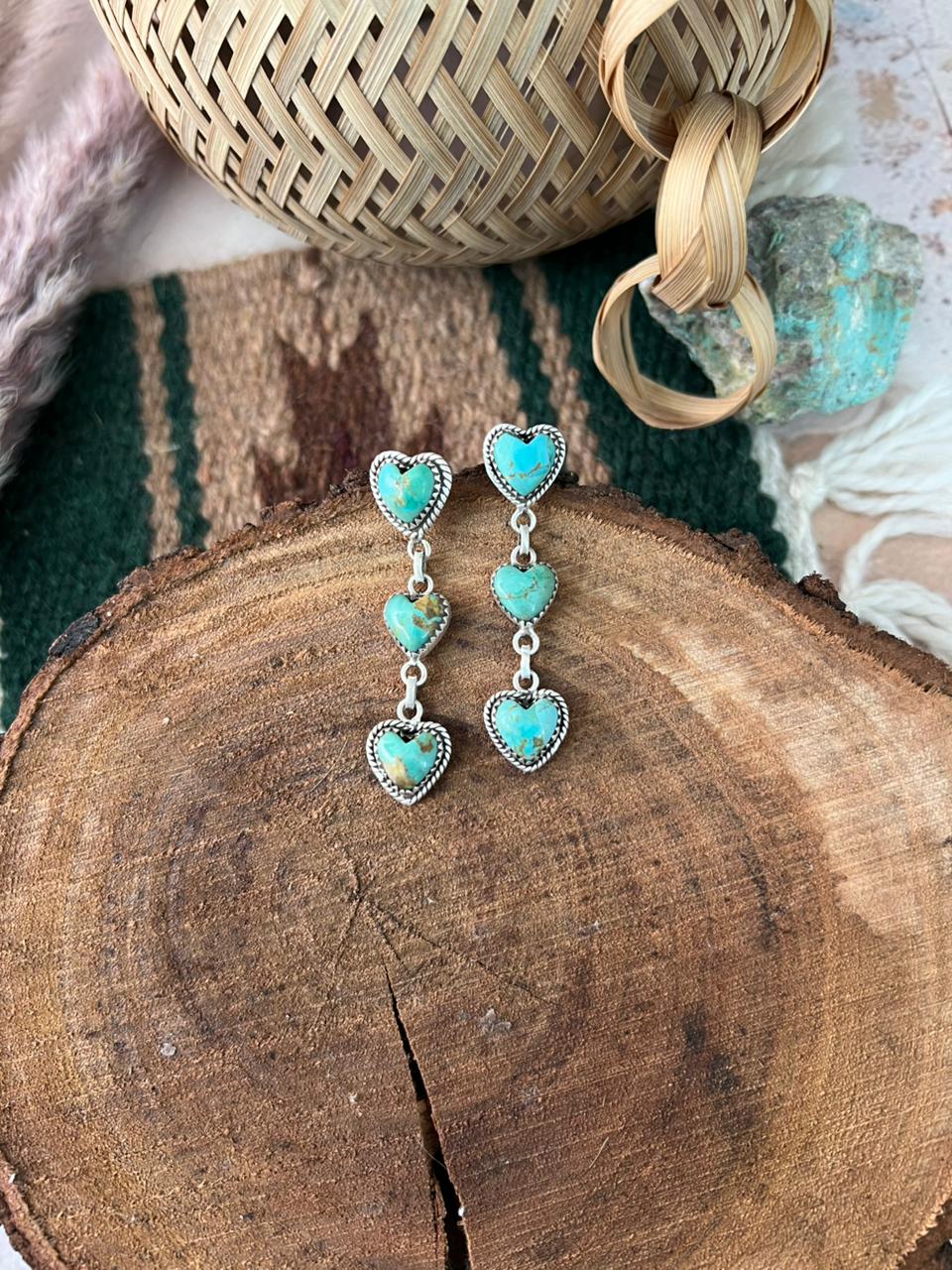 Handmade Sterling Silver Kingman Turquoise Post Dangle Heart Earrings Signed Nizhoni (4)