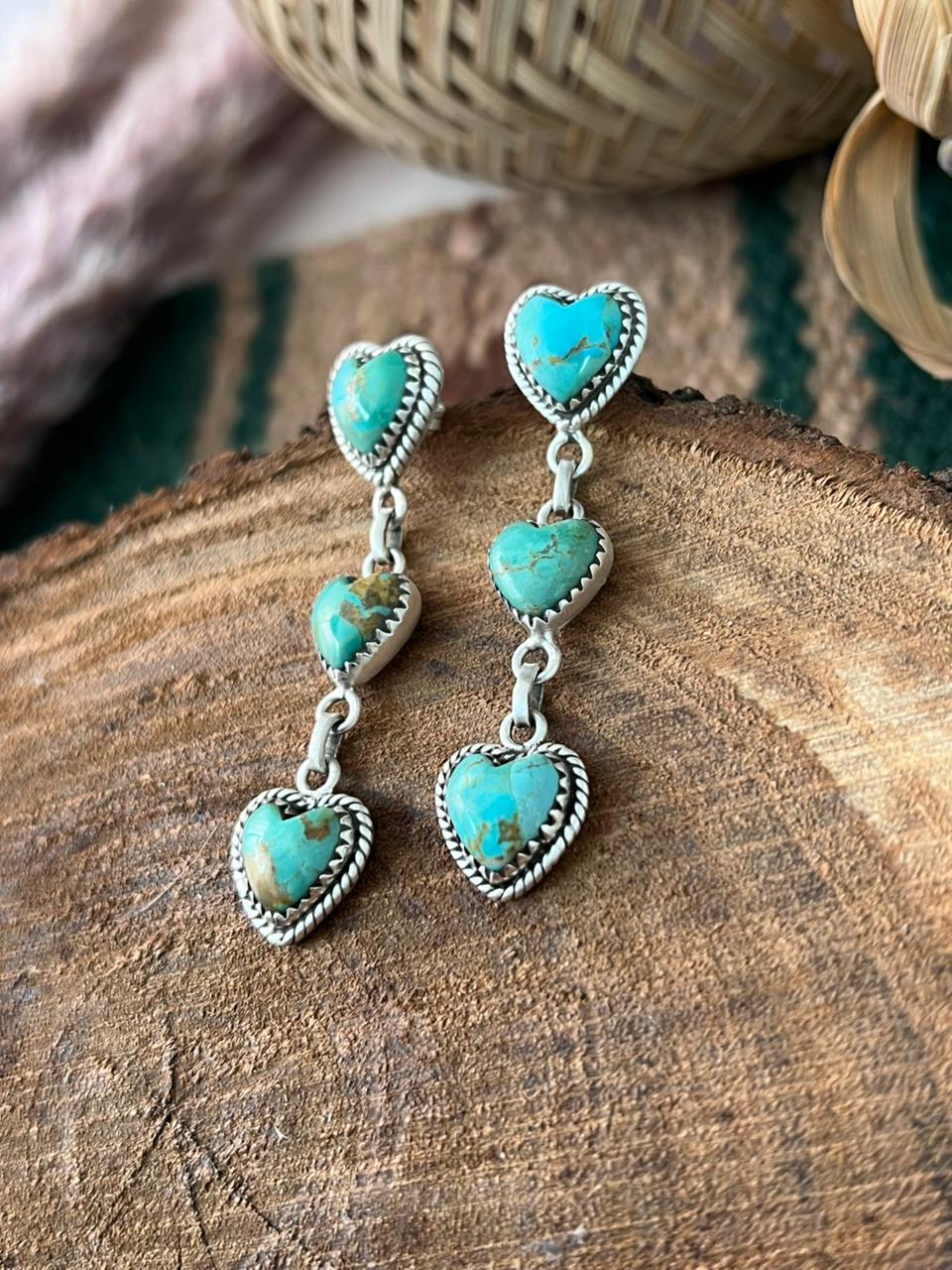 Handmade Sterling Silver Kingman Turquoise Post Dangle Heart Earrings Signed Nizhoni (4)
