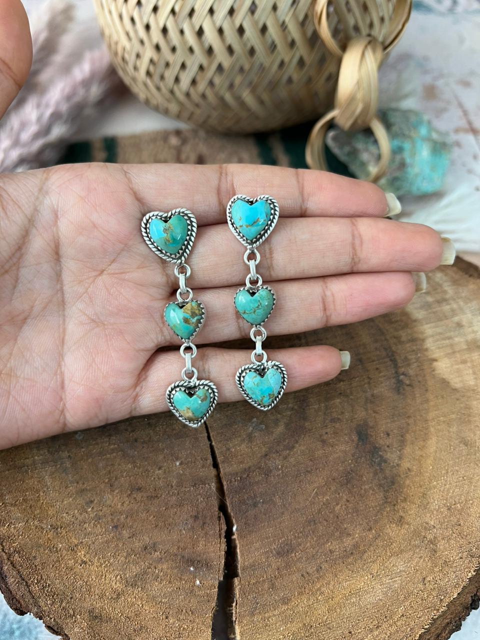 Handmade Sterling Silver Kingman Turquoise Post Dangle Heart Earrings Signed Nizhoni (4)