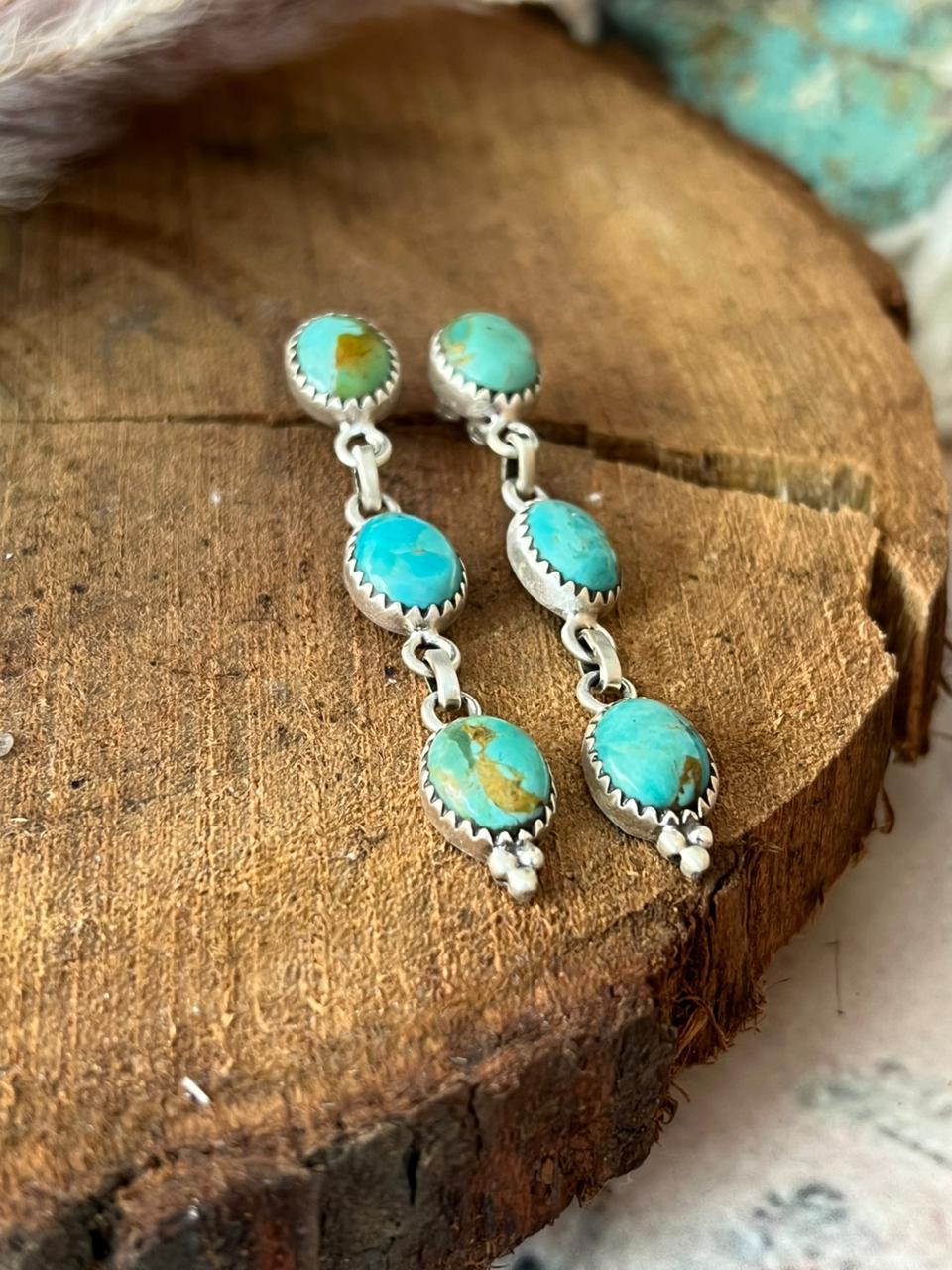 Handmade Sterling Silver Kingman Turquoise Post Dangle Earrings Signed Nizhoni (5)