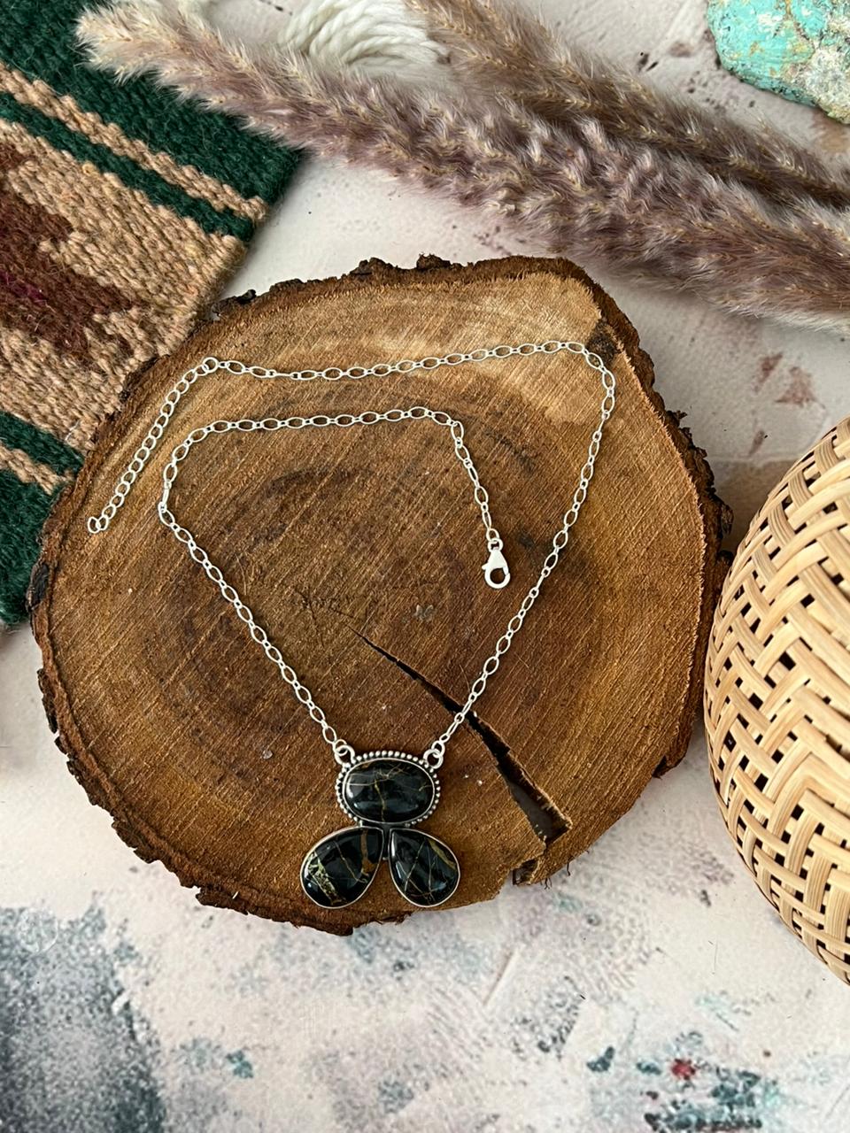 Handmade Sterling Silver Blackjack Turquoise Necklace Signed Nizhoni (1)