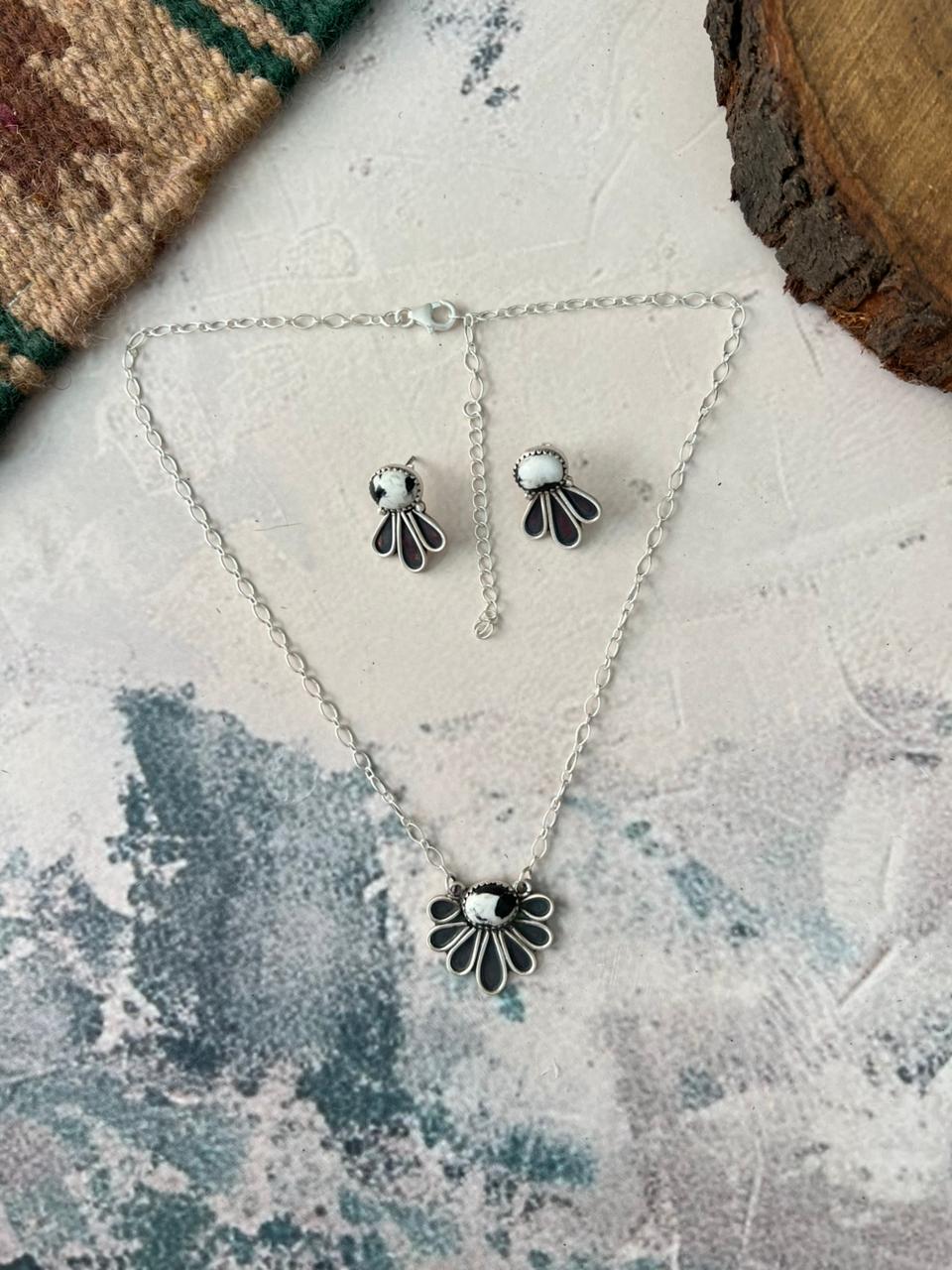 Handmade Sterling Silver White Buffalo Necklace and Earrings Set Signed Nizhoni (8)