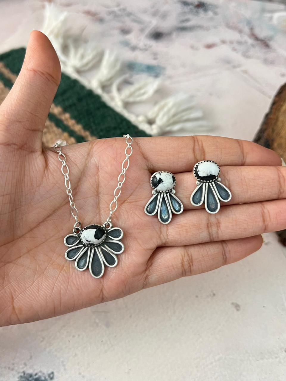 Handmade Sterling Silver White Buffalo Necklace and Earrings Set Signed Nizhoni (8)