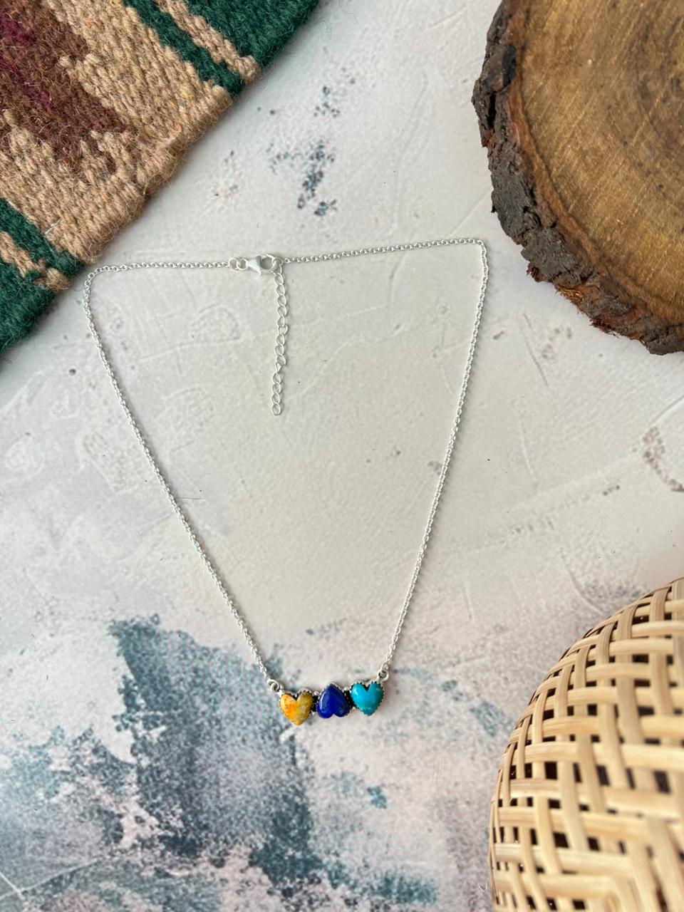 Handmade Sterling Silver Bumblebee with Lapis and Kingman Turquoise Heart Necklace Signed Nizhoni (9)