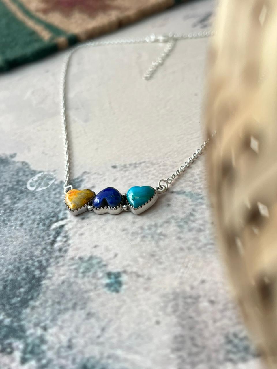 Handmade Sterling Silver Bumblebee with Lapis and Kingman Turquoise Heart Necklace Signed Nizhoni (9)