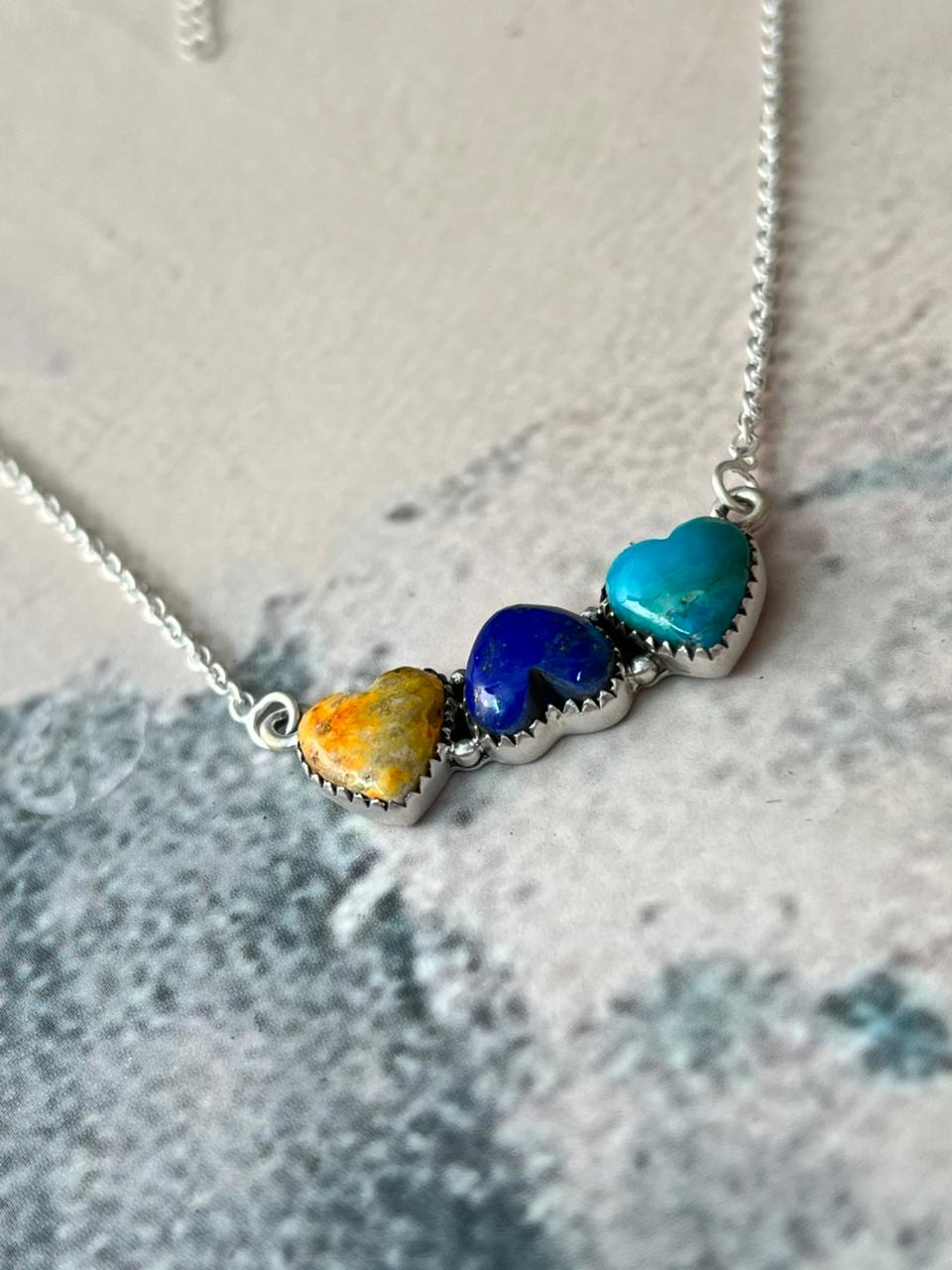 Handmade Sterling Silver Bumblebee with Lapis and Kingman Turquoise Heart Necklace Signed Nizhoni (9)