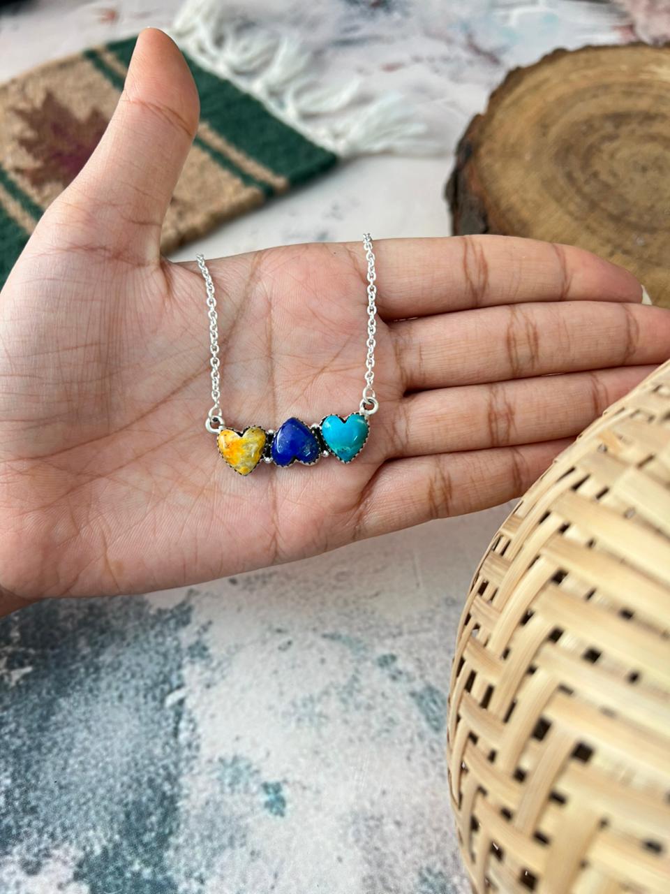 Handmade Sterling Silver Bumblebee with Lapis and Kingman Turquoise Heart Necklace Signed Nizhoni (9)