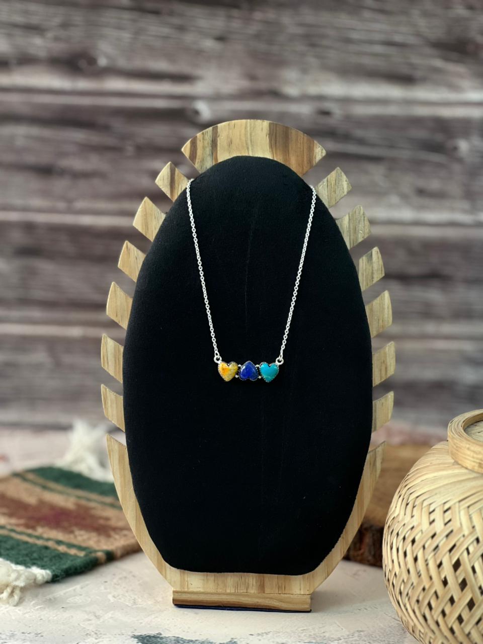 Handmade Sterling Silver Bumblebee with Lapis and Kingman Turquoise Heart Necklace Signed Nizhoni (9)