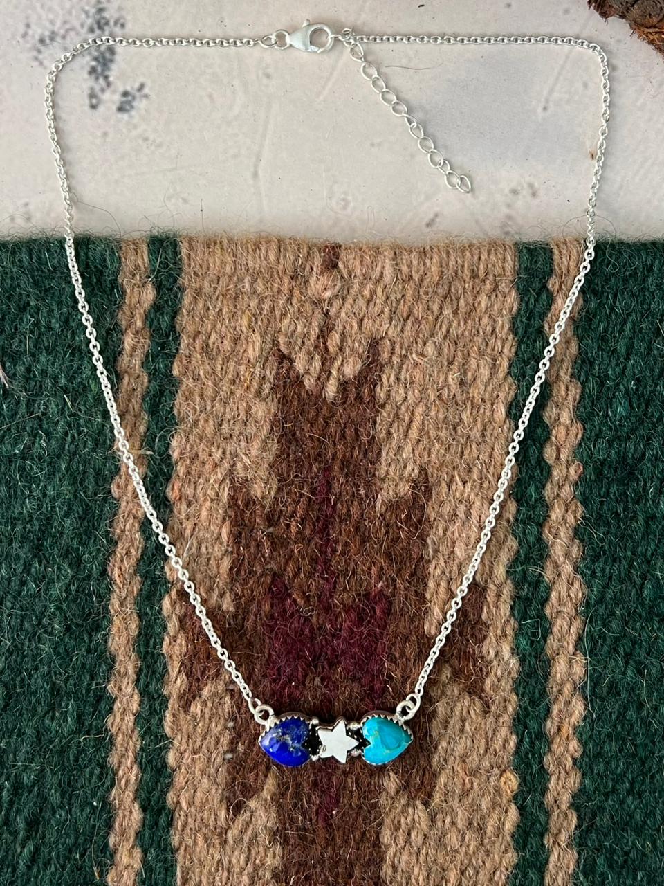 Handmade Sterling Silver Lapis with White Buffalo and Kingman Turquoise Necklace Signed Nizhoni