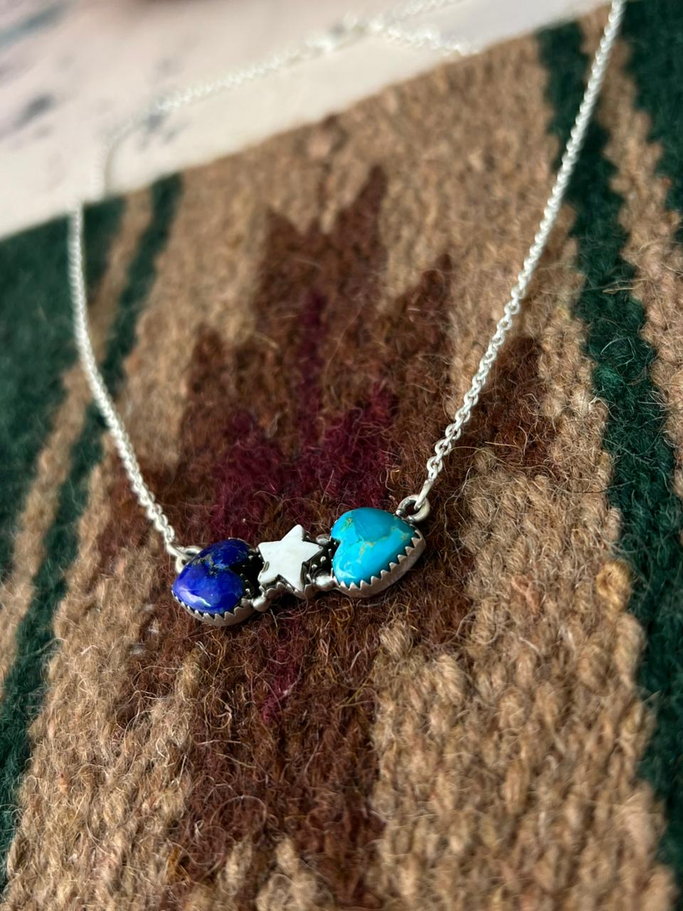 Handmade Sterling Silver Lapis with White Buffalo and Kingman Turquoise Necklace Signed Nizhoni