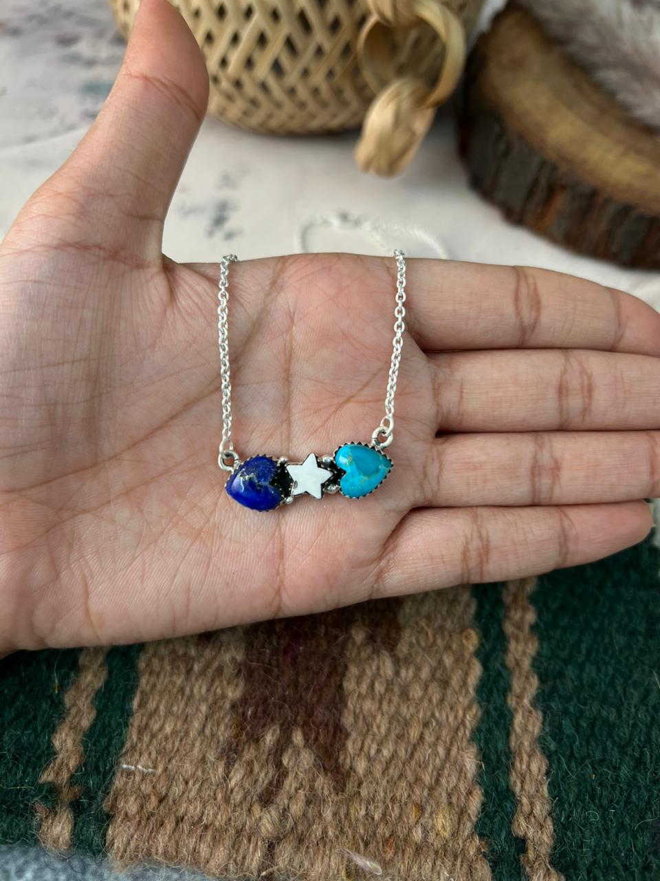 Handmade Sterling Silver Lapis with White Buffalo and Kingman Turquoise Necklace Signed Nizhoni