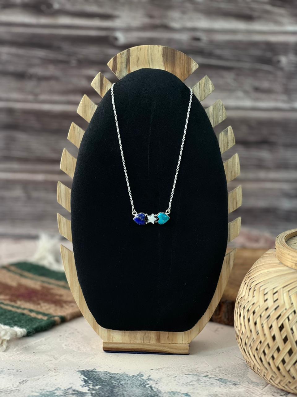 Handmade Sterling Silver Lapis with White Buffalo and Kingman Turquoise Necklace Signed Nizhoni