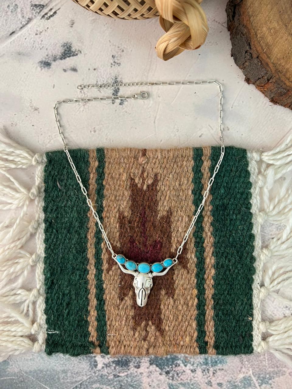 Handmade Sterling Silver Kingman Turquoise Bull Skull Necklace Signed Nizhoni