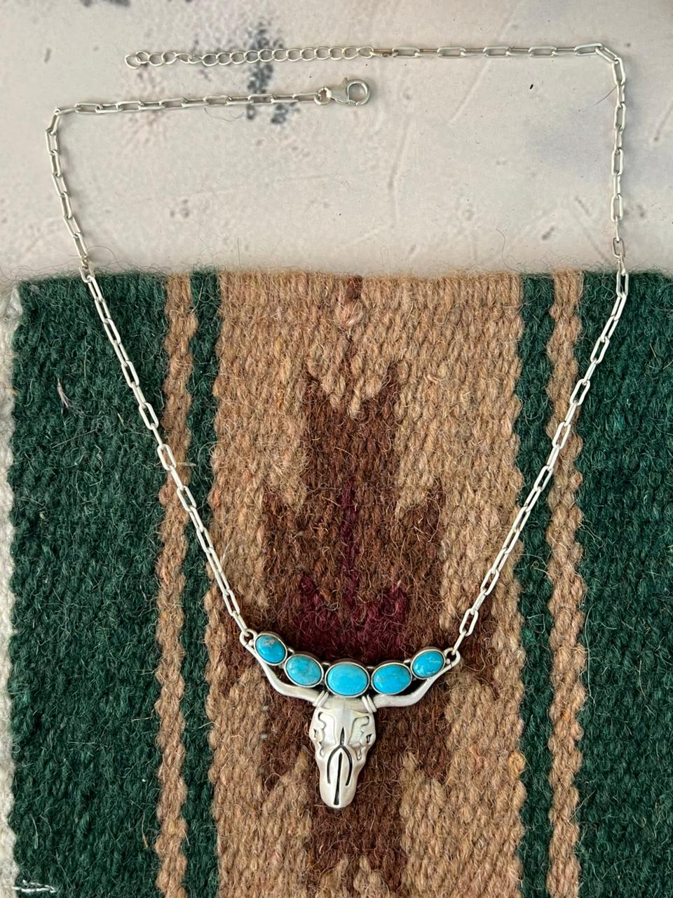 Handmade Sterling Silver Kingman Turquoise Bull Skull Necklace Signed Nizhoni