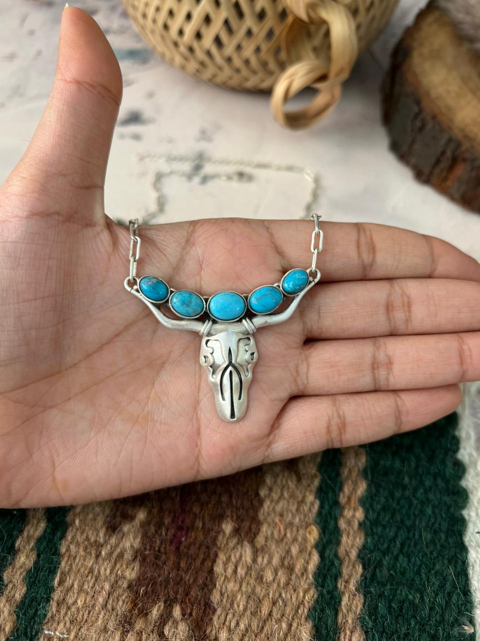 Handmade Sterling Silver Kingman Turquoise Bull Skull Necklace Signed Nizhoni