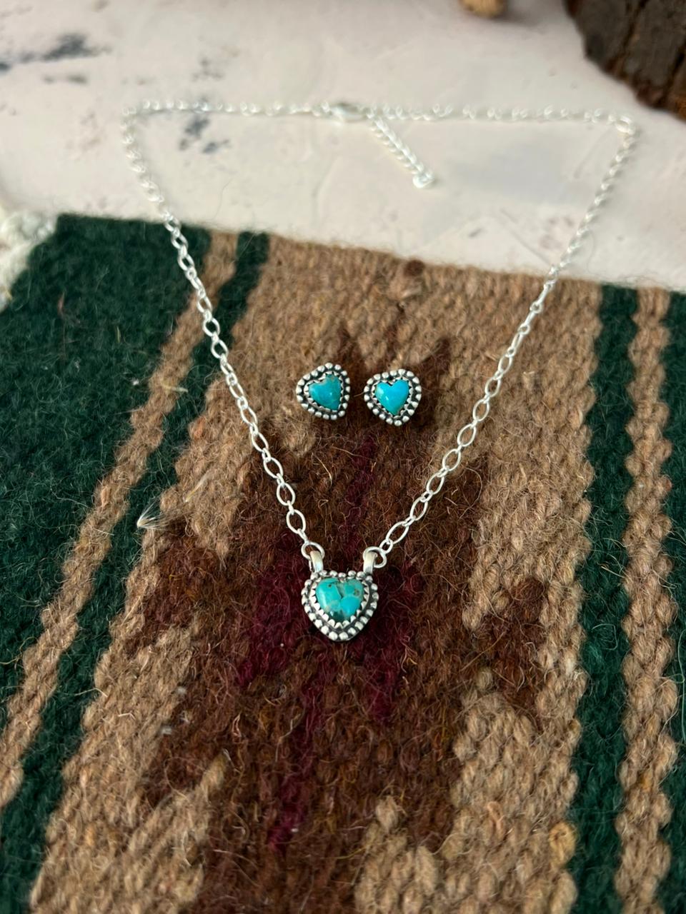 Handmade Sterling Silver Kingman Turquoise Heart Necklace and Earrings Set Signed Nizhoni