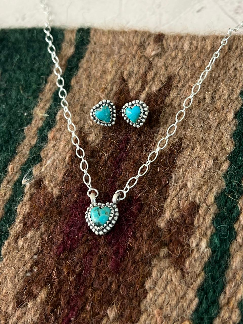 Handmade Sterling Silver Kingman Turquoise Heart Necklace and Earrings Set Signed Nizhoni