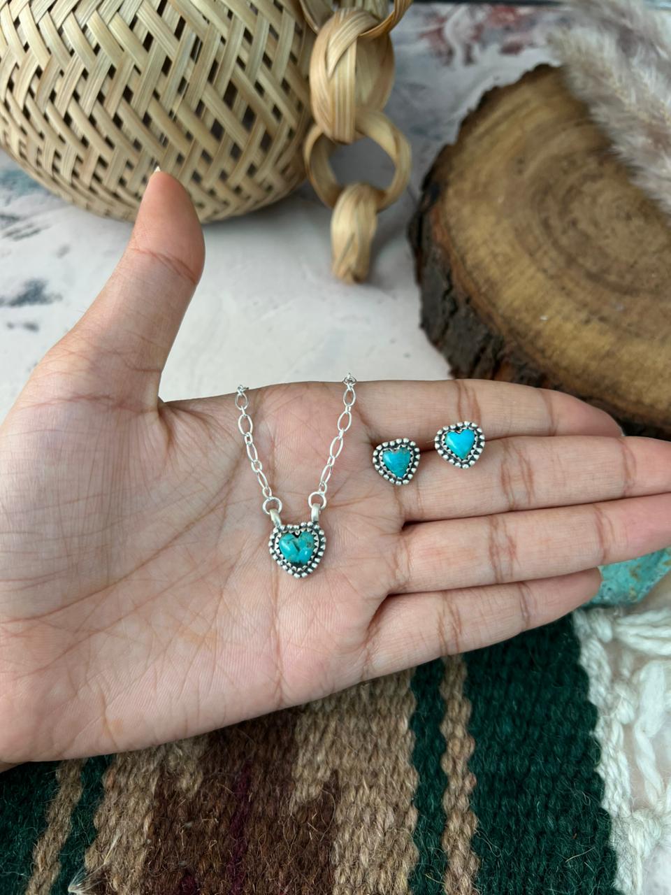 Handmade Sterling Silver Kingman Turquoise Heart Necklace and Earrings Set Signed Nizhoni