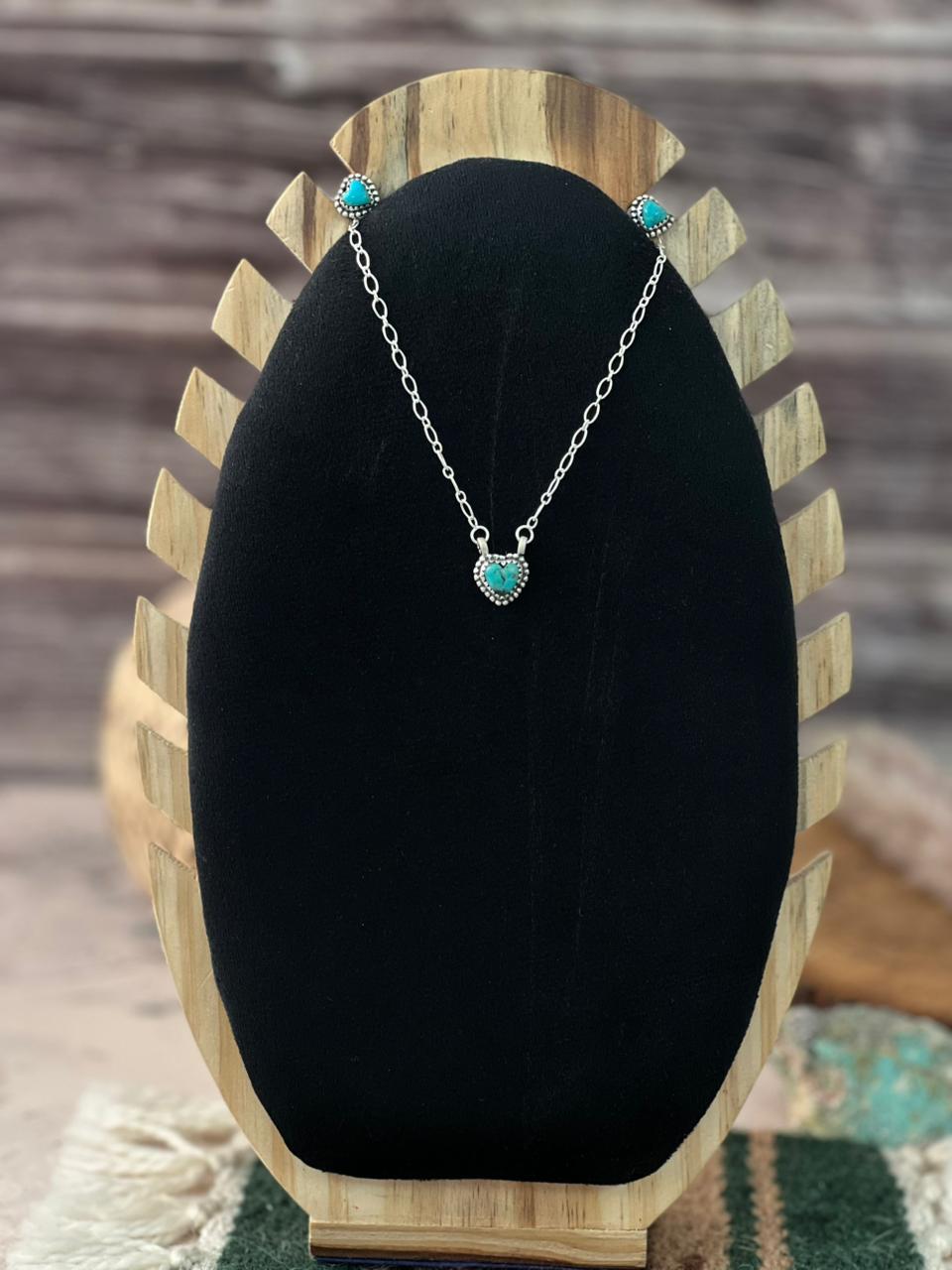 Handmade Sterling Silver Kingman Turquoise Heart Necklace and Earrings Set Signed Nizhoni