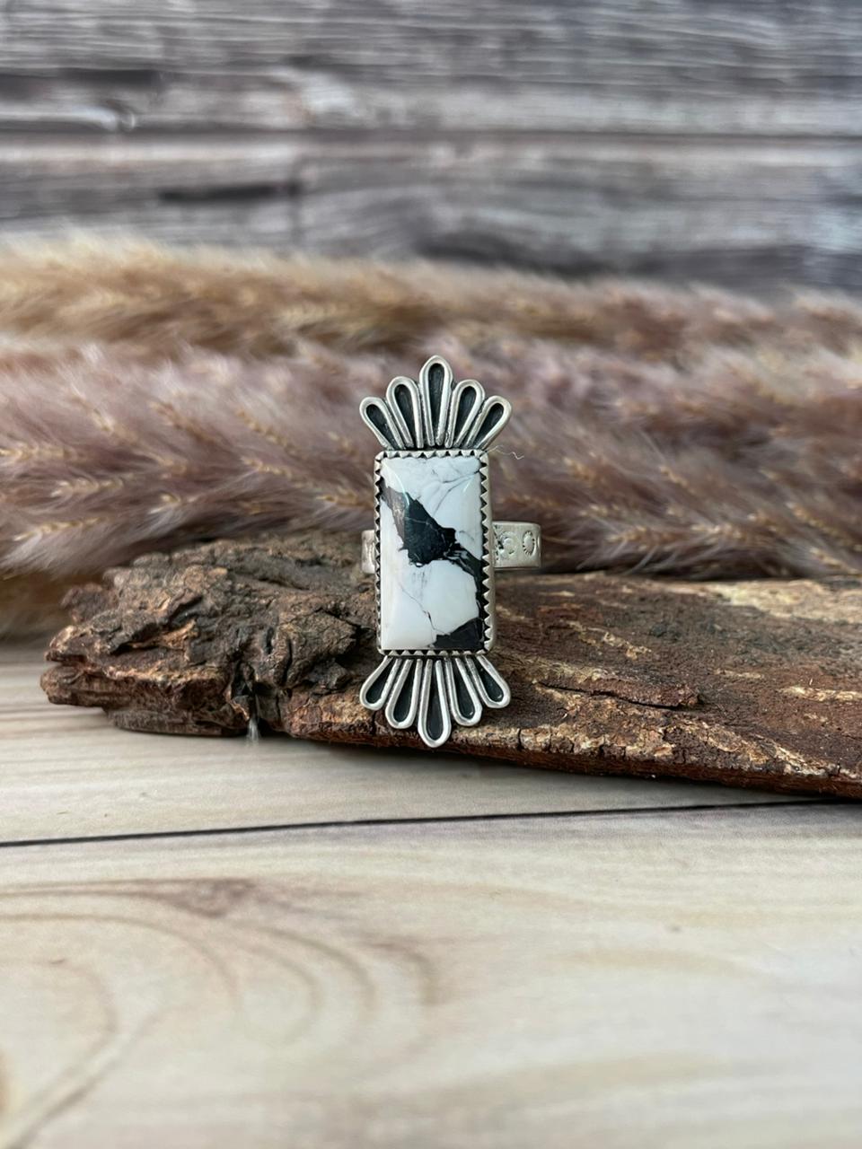 Handmade Sterling Silver White Buffalo Adjustable Ring Signed Nizhoni