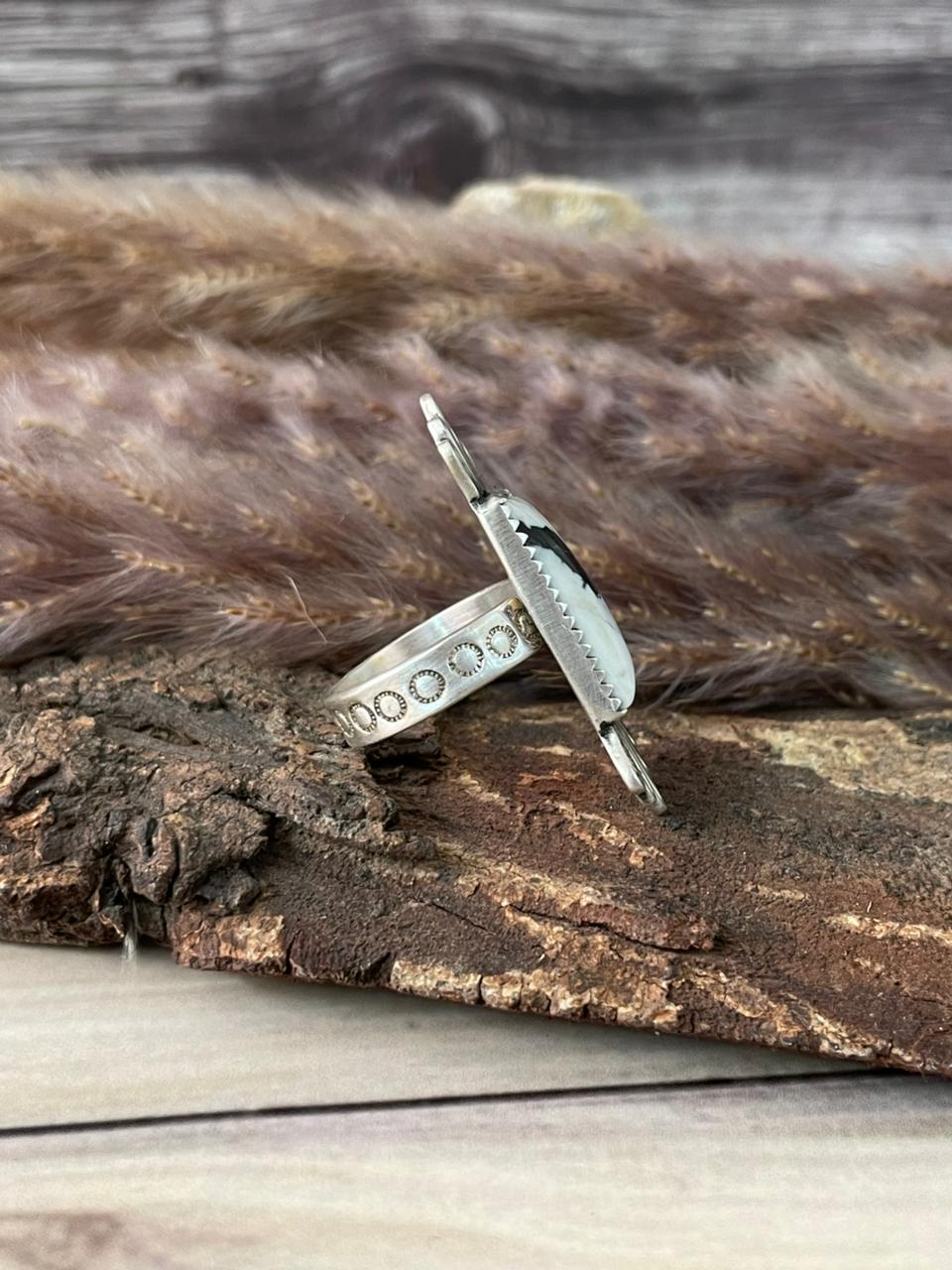 Handmade Sterling Silver White Buffalo Adjustable Ring Signed Nizhoni