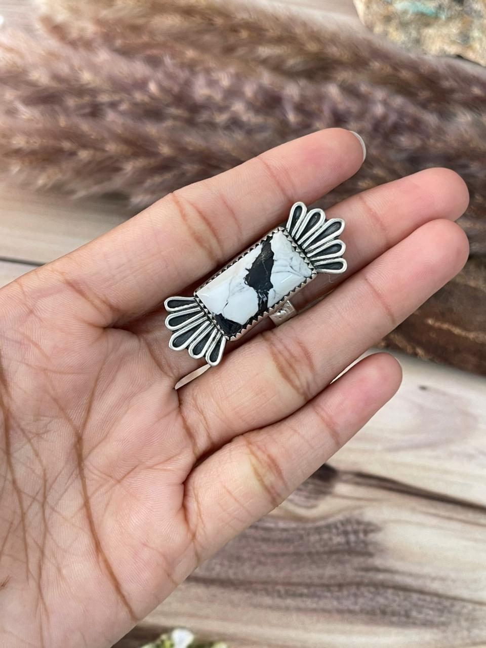 Handmade Sterling Silver White Buffalo Adjustable Ring Signed Nizhoni