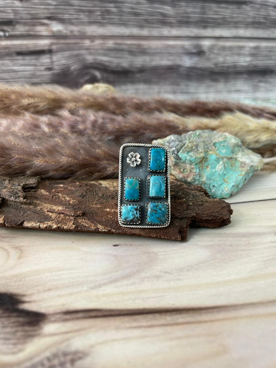 Handmade Sterling Silver Ithaca Peak Turquoise Adjustable Ring Signed Nizhoni