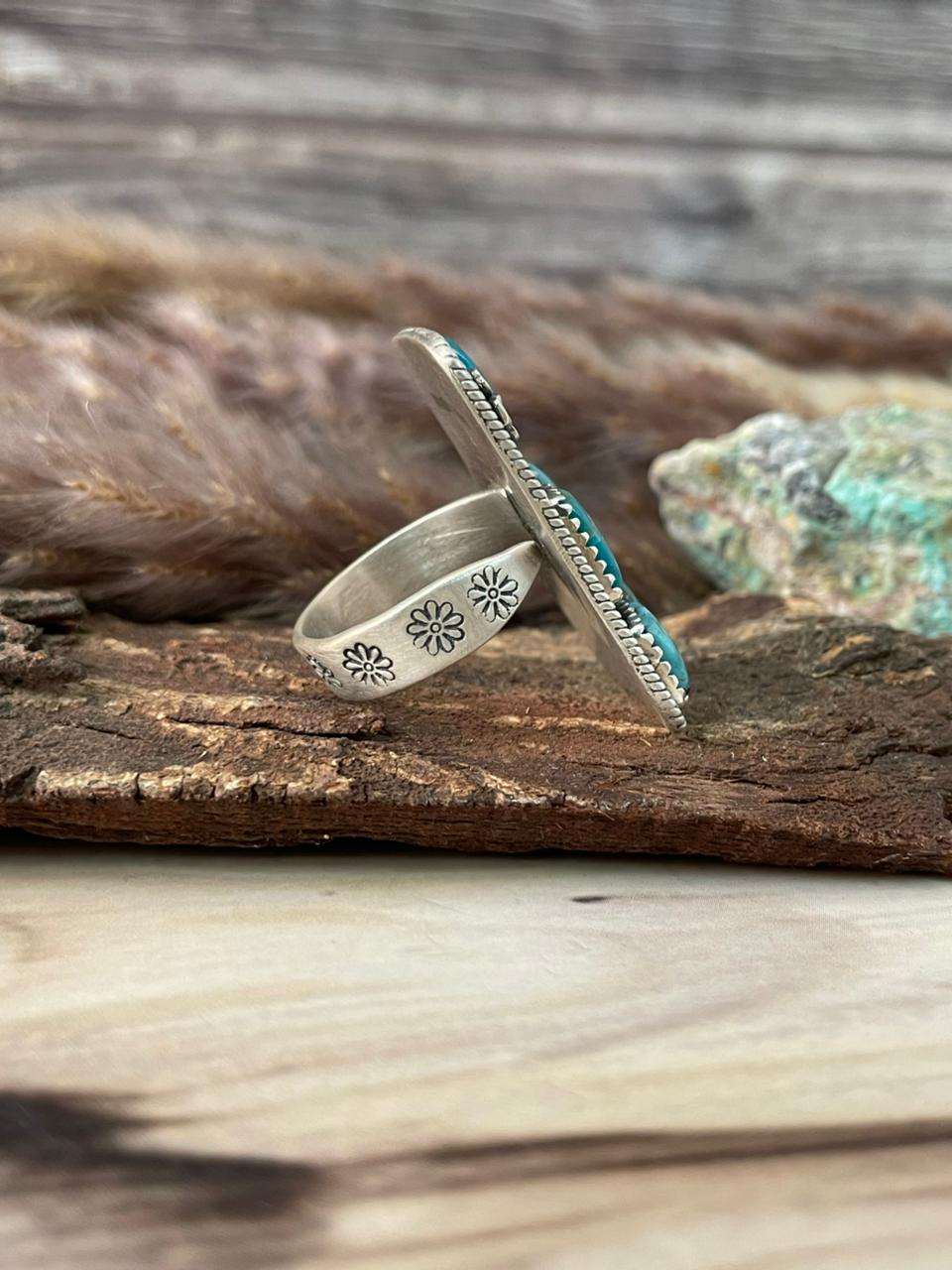 Handmade Sterling Silver Ithaca Peak Turquoise Adjustable Ring Signed Nizhoni