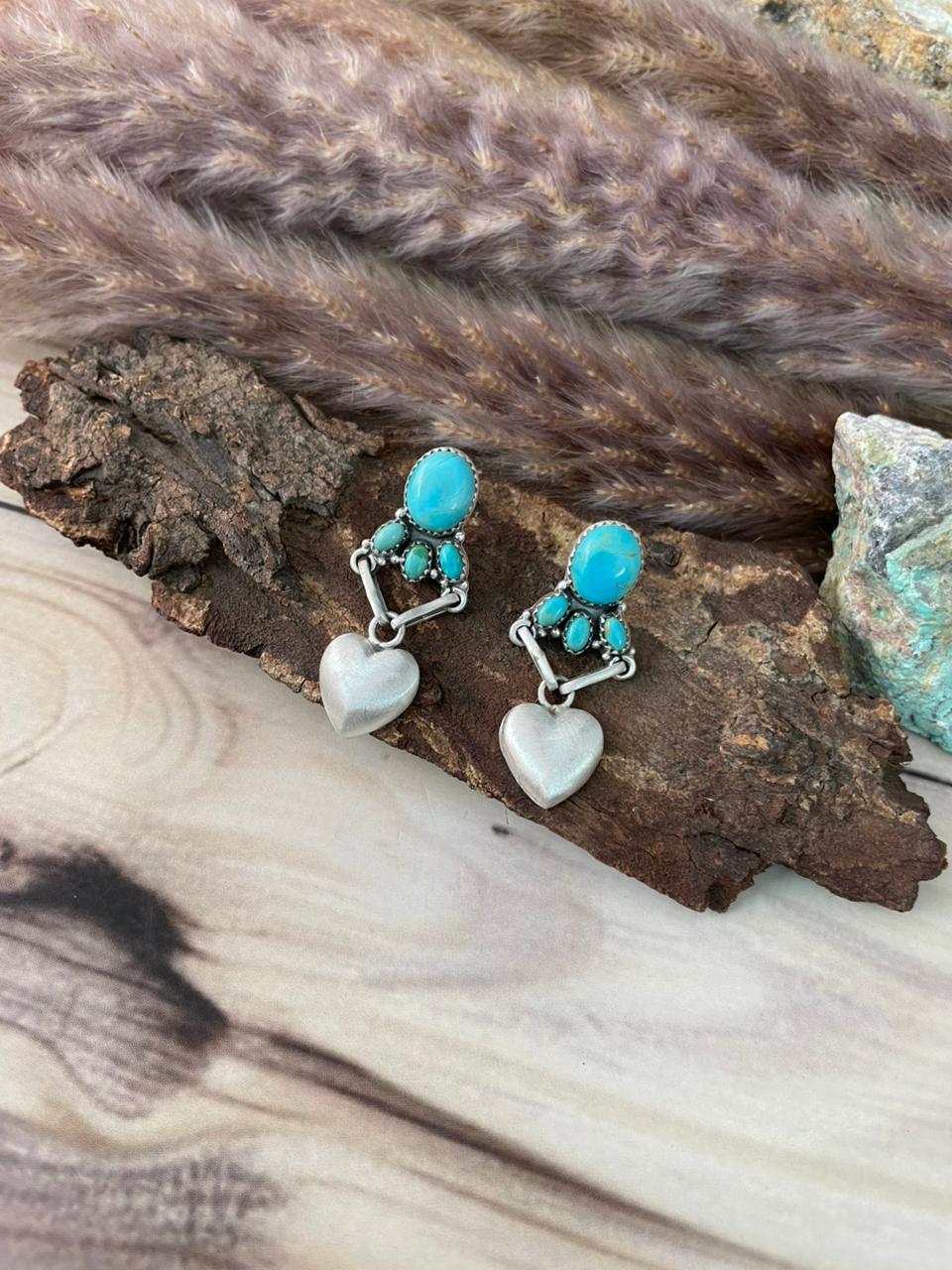 Handmade Sterling Silver Kingman Turquoise Post Dangle Earrings Signed Nizhoni