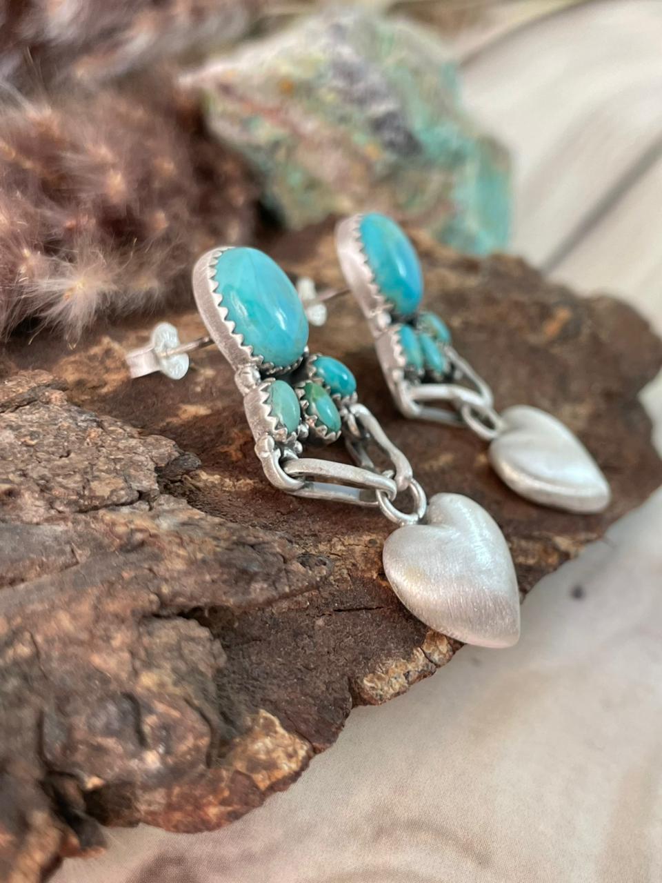 Handmade Sterling Silver Kingman Turquoise Post Dangle Earrings Signed Nizhoni